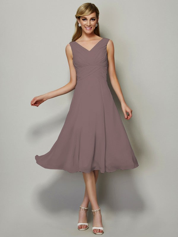 Vestido de dama de honor de gasa, corte A/princesa, escote en V, sin mangas, plisado, corto, para invitada de boda