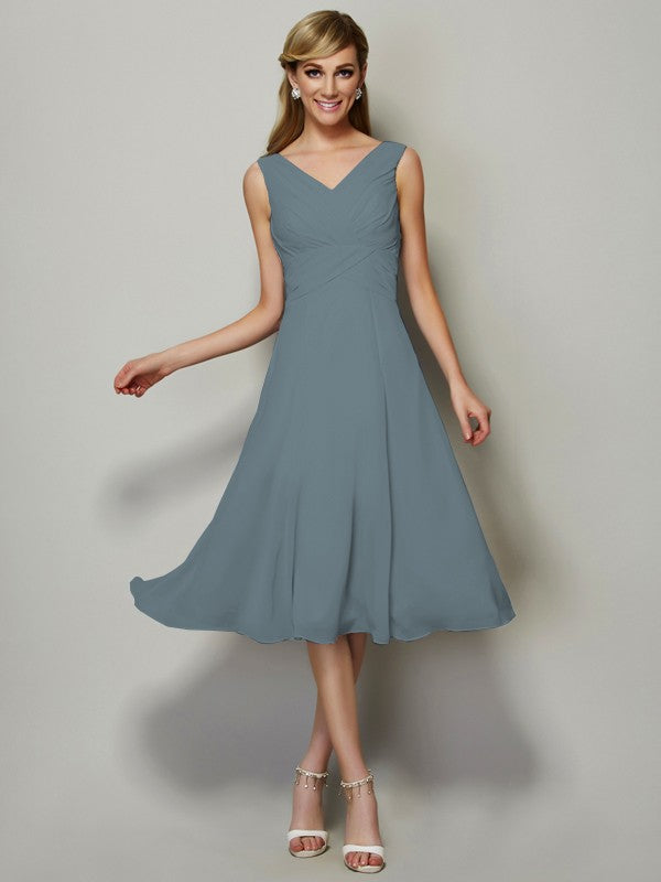 Vestido de dama de honor de gasa, corte A/princesa, escote en V, sin mangas, plisado, corto, para invitada de boda