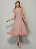 Vestido de dama de honor de gasa, corte A/princesa, escote en V, sin mangas, plisado, corto, para invitada de boda