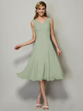 Vestido de dama de honor de gasa, corte A/princesa, escote en V, sin mangas, plisado, corto, para invitada de boda
