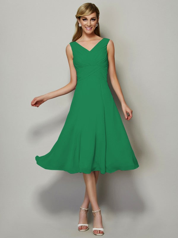 Vestido de dama de honor de gasa, corte A/princesa, escote en V, sin mangas, plisado, corto, para invitada de boda