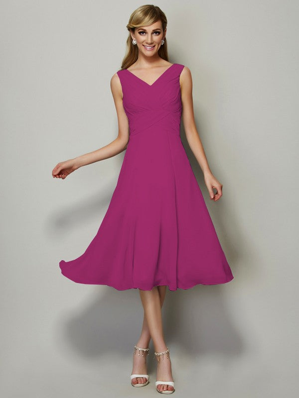 Vestido de dama de honor de gasa, corte A/princesa, escote en V, sin mangas, plisado, corto, para invitada de boda