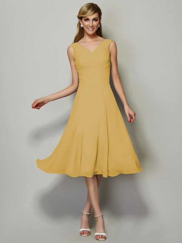 Vestido de dama de honor de gasa, corte A/princesa, escote en V, sin mangas, plisado, corto, para invitada de boda
