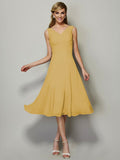 Vestido de dama de honor de gasa, corte A/princesa, escote en V, sin mangas, plisado, corto, para invitada de boda