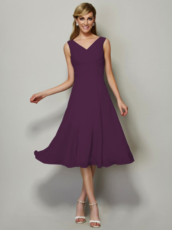 Vestido de dama de honor de gasa, corte A/princesa, escote en V, sin mangas, plisado, corto, para invitada de boda