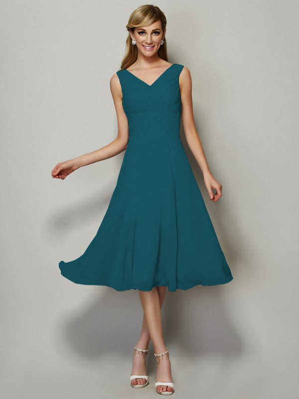 Vestido de dama de honor de gasa, corte A/princesa, escote en V, sin mangas, plisado, corto, para invitada de boda
