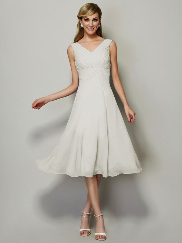 Vestido de dama de honor de gasa, corte A/princesa, escote en V, sin mangas, plisado, corto, para invitada de boda