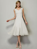 Vestido de dama de honor de gasa, corte A/princesa, escote en V, sin mangas, plisado, corto, para invitada de boda