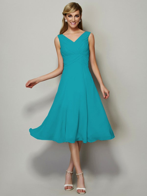 Vestido de dama de honor de gasa, corte A/princesa, escote en V, sin mangas, plisado, corto, para invitada de boda