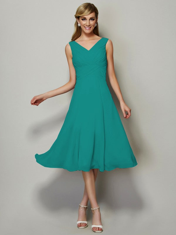 Vestido de dama de honor de gasa, corte A/princesa, escote en V, sin mangas, plisado, corto, para invitada de boda