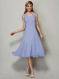 Vestido de dama de honor de gasa, corte A/princesa, escote en V, sin mangas, plisado, corto, para invitada de boda