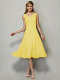 Vestido de dama de honor de gasa, corte A/princesa, escote en V, sin mangas, plisado, corto, para invitada de boda
