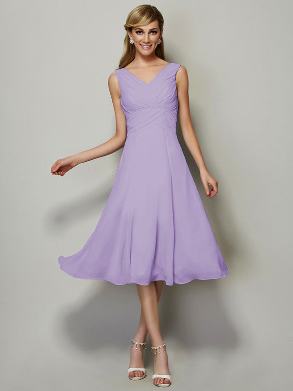 Vestido de dama de honor de gasa, corte A/princesa, escote en V, sin mangas, plisado, corto, para invitada de boda