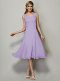 Vestido de dama de honor de gasa, corte A/princesa, escote en V, sin mangas, plisado, corto, para invitada de boda