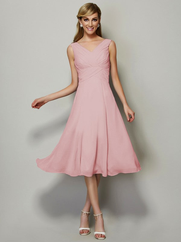 Vestido de dama de honor de gasa, corte A/princesa, escote en V, sin mangas, plisado, corto, para invitada de boda