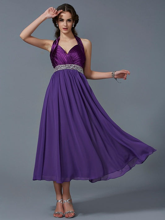 Vestido de dama de honor largo de gasa con cuello halter, sin mangas y corte princesa, con abalorios, para invitada de boda