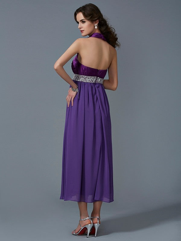 Vestido de dama de honor largo de gasa con cuello halter, sin mangas y corte princesa, con abalorios, para invitada de boda