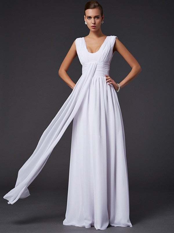Vestido de noche de graduación de gasa largo con pliegues, sin mangas, joya y corte princesa