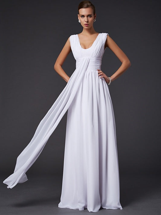 Vestido de noche de graduación de gasa largo con pliegues, sin mangas, joya y corte princesa