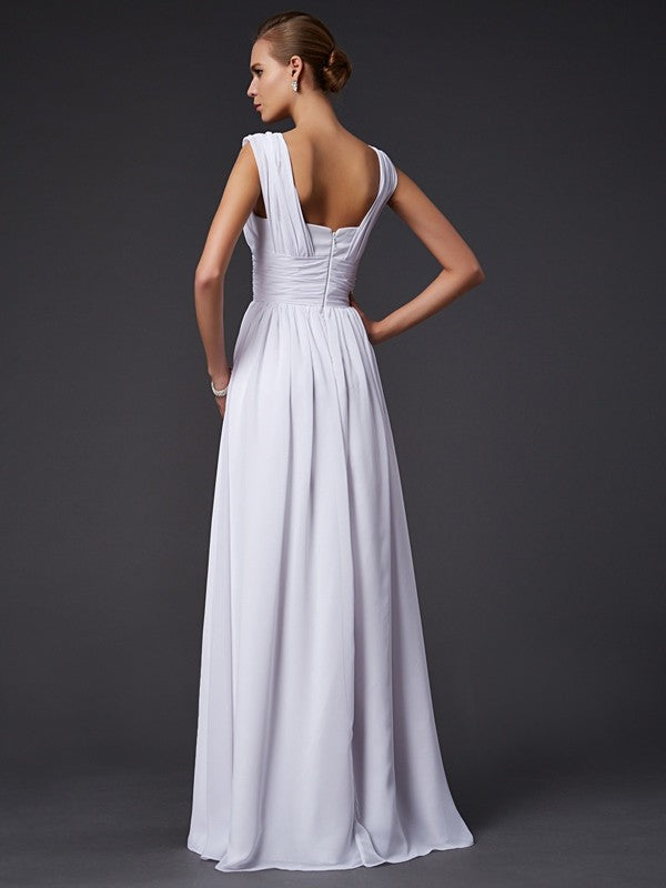 Vestido de noche de graduación de gasa largo con pliegues, sin mangas, joya y corte princesa