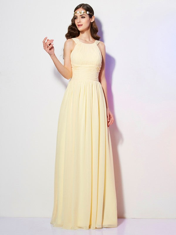 A-Line/Princess Bateau Sleeveless Pleats Long Chiffon Bridesmaid Dresses Evening Dress