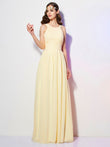 A-Line/Princess Bateau Sleeveless Pleats Long Chiffon Bridesmaid Dresses Evening Dress