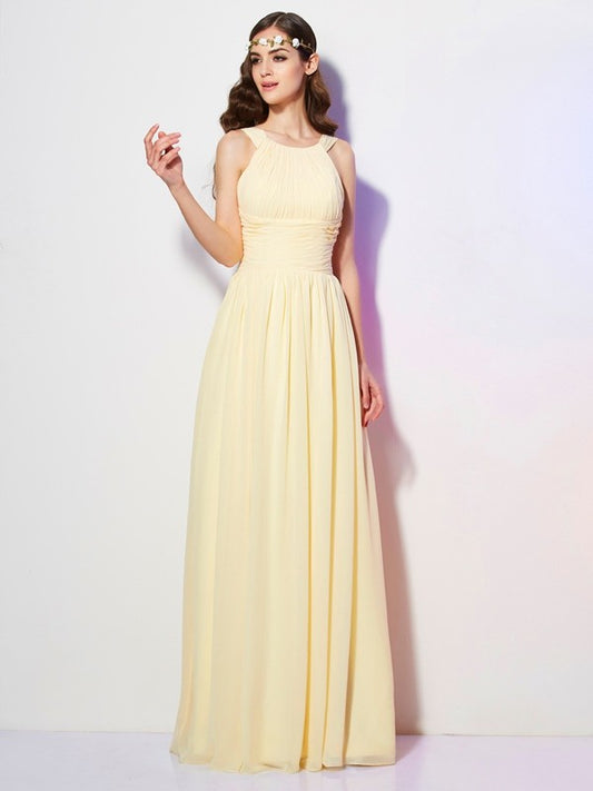 A-Linie/Princess-Linie Bateau-Ausschnitt Ärmellos Falten Lang Chiffon Brautjungfernkleider Kleid für Hochzeitsgäste