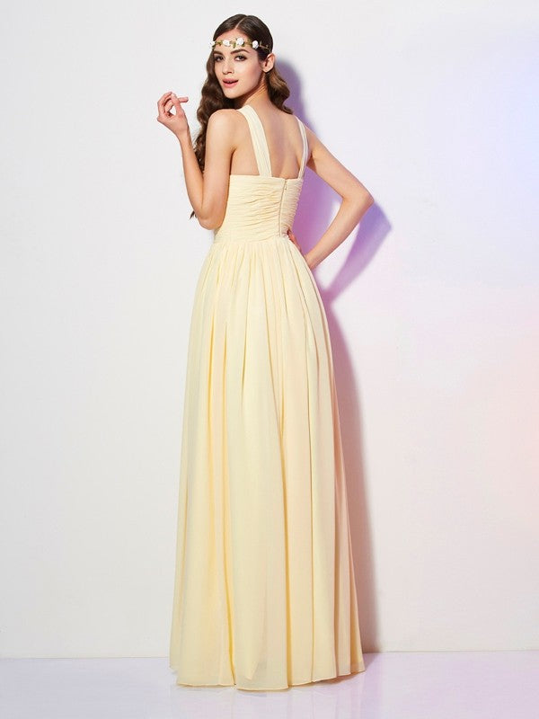 A-Line/Princess Bateau Sleeveless Pleats Long Chiffon Bridesmaid Dresses Evening Dress