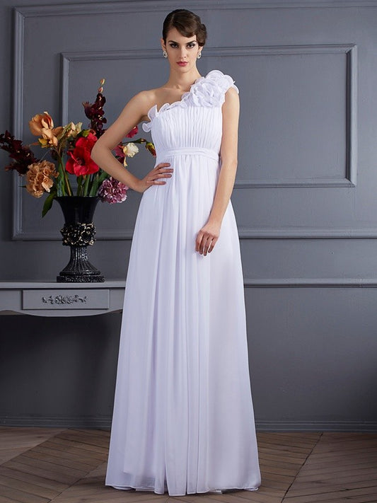A-Linie/Princess-Linie One-Shoulder-Träger Ärmellos Falten Applikationen Lang Chiffon Brautjungfernkleider Abendkleid