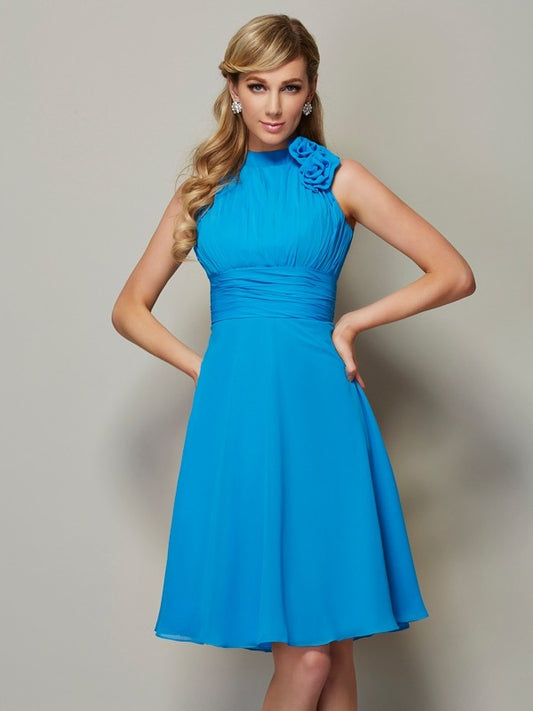 A-Linie/Princess-Linie Stehkragen Ärmellos Falten Kurz Chiffon Brautjungfernkleider Cocktailkleid