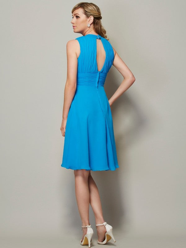 A-Linie/Princess-Linie Stehkragen Ärmellos Falten Kurz Chiffon Brautjungfernkleider Cocktailkleid