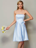 Vestido de dama de honor de satén corto con lazo, sin mangas, corte A/princesa, para invitada de boda