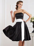 Vestido de dama de honor de satén corto, corte A/princesa, sin tirantes, sin mangas, con faja/cinturón, para invitada de boda y fiesta