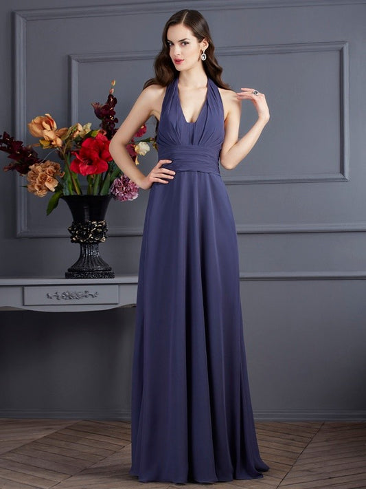 Vestido de noche de graduación de gasa largo con pliegues, sin mangas, estilo princesa/halter