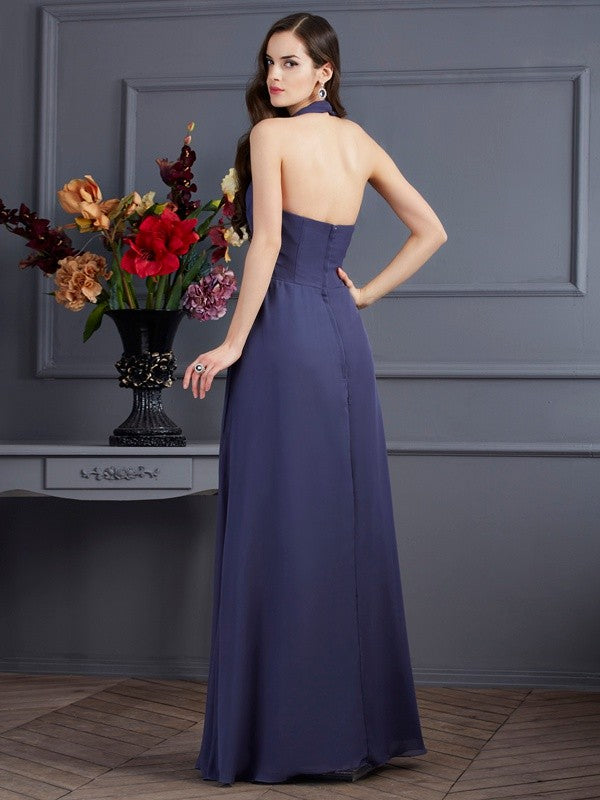 Vestido de noche de graduación de gasa largo con pliegues, sin mangas, estilo princesa/halter