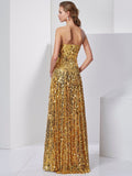 A-Line/Princess Strapless Sleeveless Sash/Ribbon/Belt Long Sequins Dresses Prom Dress
