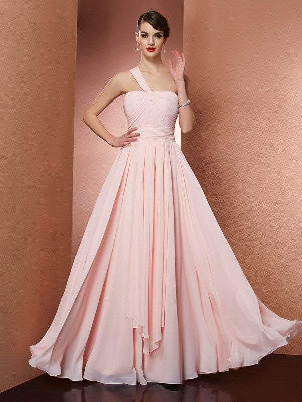 Vestido de noche de graduación de gasa largo con pliegues, sin mangas, de un solo hombro y corte princesa