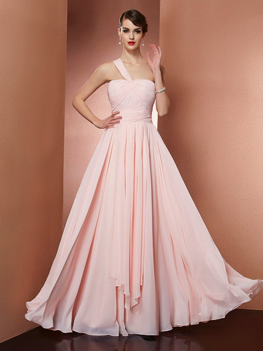 Vestido de noche de graduación de gasa largo con pliegues, sin mangas, de un solo hombro y corte princesa