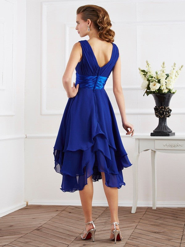 A-Line/Princess V-neck Short Sleeves Pleats Short Chiffon Bridesmaid Dresses Prom Dress