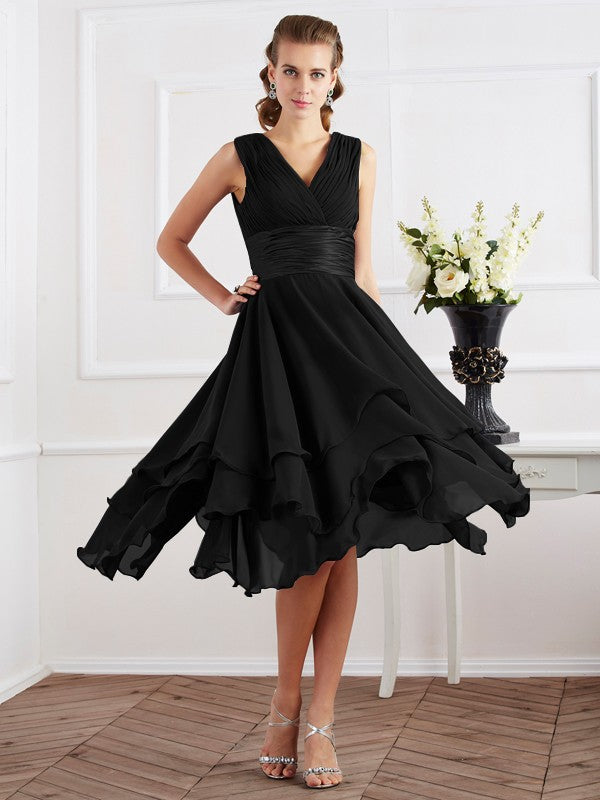 A-Line/Princess V-neck Short Sleeves Pleats Short Chiffon Bridesmaid Dresses Prom Dress