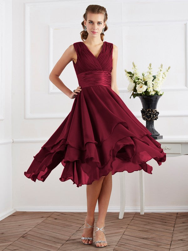 A-Line/Princess V-neck Short Sleeves Pleats Short Chiffon Bridesmaid Dresses Prom Dress