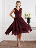 A-Line/Princess V-neck Short Sleeves Pleats Short Chiffon Bridesmaid Dresses Prom Dress