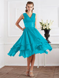 A-Line/Princess V-neck Short Sleeves Pleats Short Chiffon Bridesmaid Dresses Prom Dress
