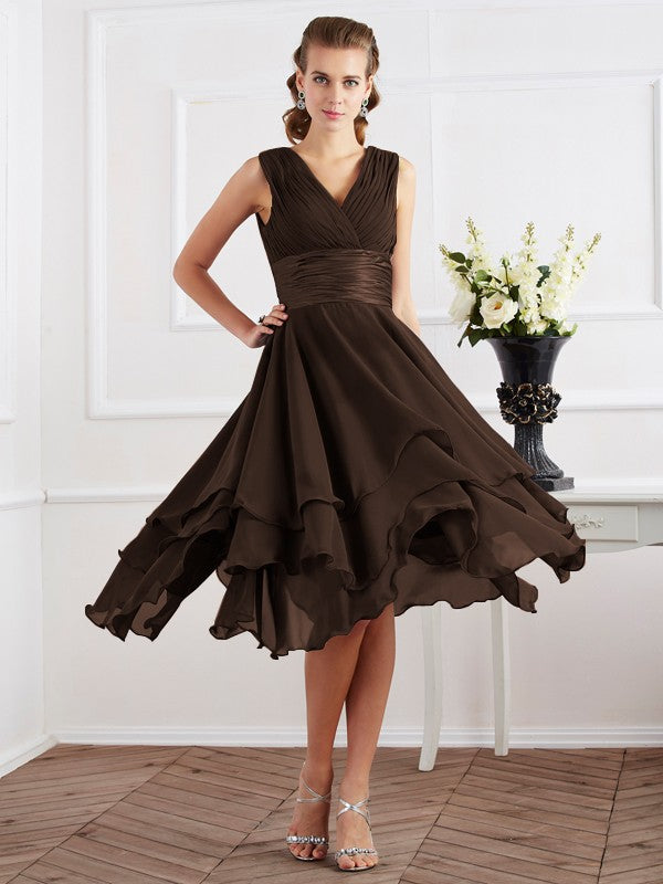 A-Line/Princess V-neck Short Sleeves Pleats Short Chiffon Bridesmaid Dresses Prom Dress