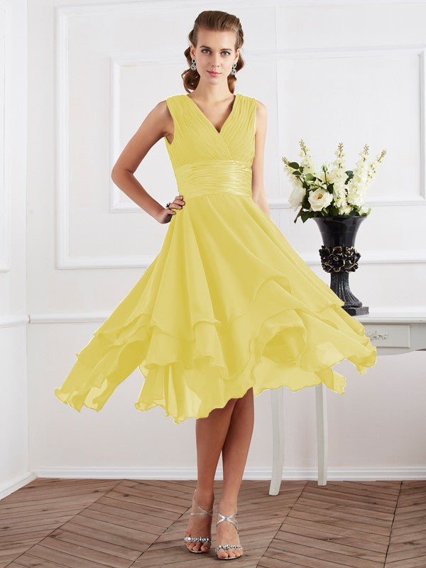A-Line/Princess V-neck Short Sleeves Pleats Short Chiffon Bridesmaid Dresses Prom Dress