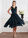 A-Line/Princess V-neck Short Sleeves Pleats Short Chiffon Bridesmaid Dresses Prom Dress