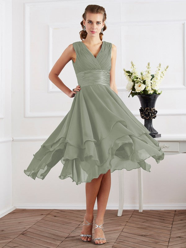 A-Line/Princess V-neck Short Sleeves Pleats Short Chiffon Bridesmaid Dresses Prom Dress