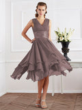 A-Line/Princess V-neck Short Sleeves Pleats Short Chiffon Bridesmaid Dresses Prom Dress