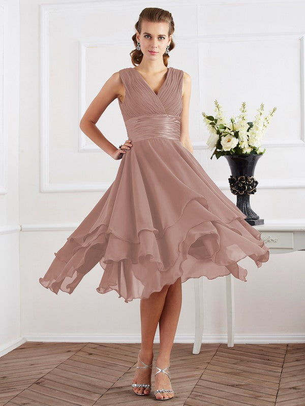 A-Line/Princess V-neck Short Sleeves Pleats Short Chiffon Bridesmaid Dresses Prom Dress