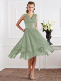 A-Line/Princess V-neck Short Sleeves Pleats Short Chiffon Bridesmaid Dresses Prom Dress